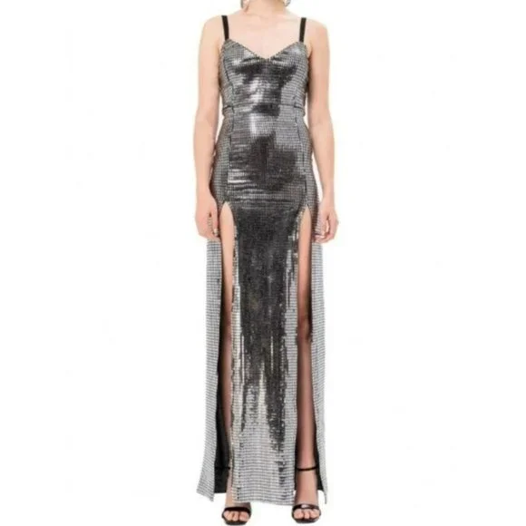 Kikiriki | Dresses | Kikiriki Shimmer Double High Slit Maxi Dress Silver  Size Small Nwt | Poshmark